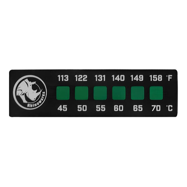 A black rectangular Rhino Coffee Gear Accutemp stick-on thermometer with green numbers.