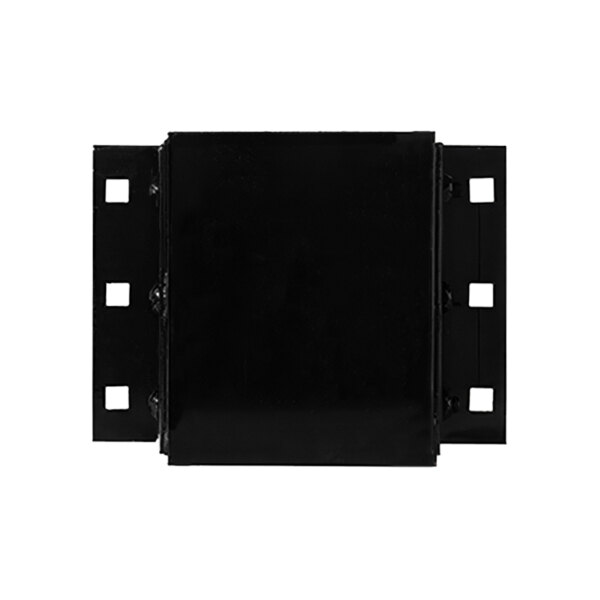 A black rectangular steel-faced dock bumper with holes.