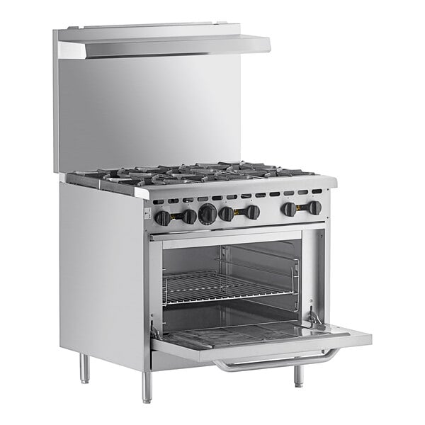 A Wolf stainless steel commercial range with 6 burners and an oven.