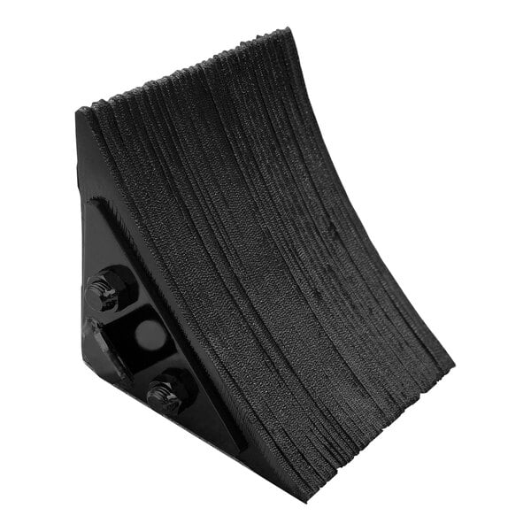 A black heavy duty laminated rubber wheel chock with a black surface.