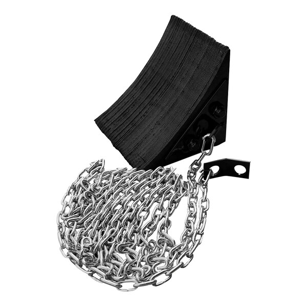 A black durable heavy duty rubber wheel chock with a chain attached.