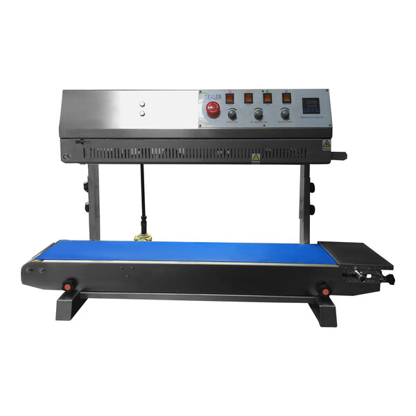 A close-up of a Sealer Sales semi-automatic band sealer with buttons and switches on a white background.
