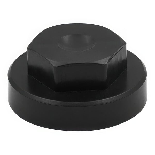 A close-up of a black nut with a nut on top.