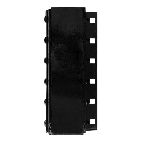 A black metal steel-faced dock bumper with flat side and holes.