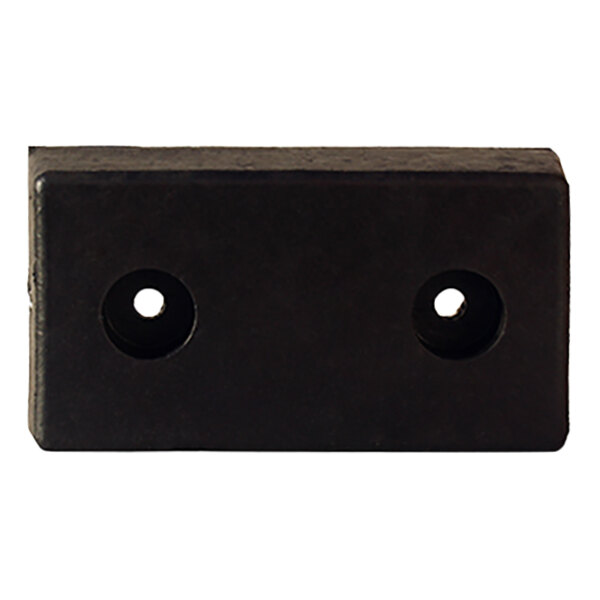 A black rectangular rubber dock bumper with two holes.