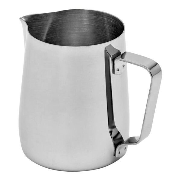 A Rhino Coffee Gear stainless steel milk pitcher with a handle.