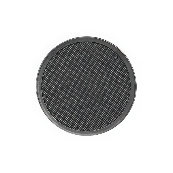 A black circular metal filter with a black circle on it.