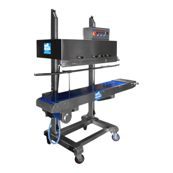 A Sealer Sales vertical band sealer with a vent and wheels.