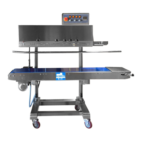 A Sealer Sales vertical band sealer with dry ink coding and adjustable sealing head.