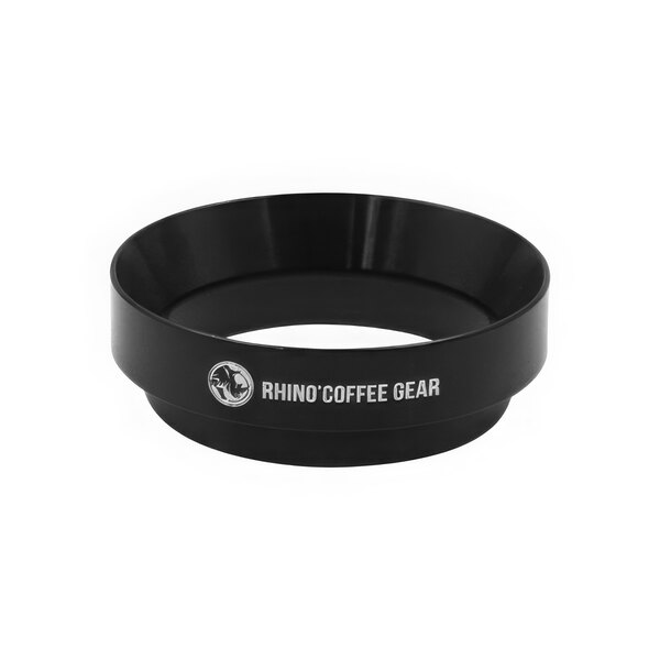 A black Rhino Coffee Gear dosing ring on a counter.