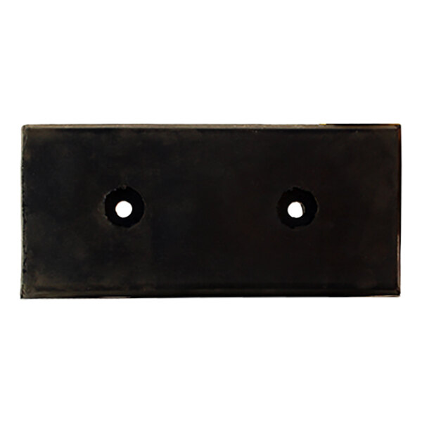 A black rectangular molded rubber dock bumper with two holes.