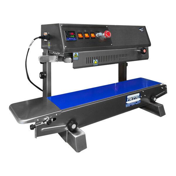 A Sealer Sales band sealer with a blue control panel.