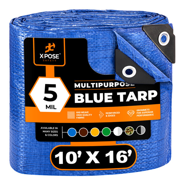 A blue Xpose Safety weather-resistant polyethylene tarp with black and white labels.