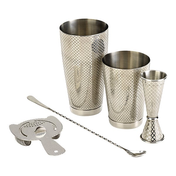 A Barfly stainless steel cocktail kit with a metal container, cup, and spoon.