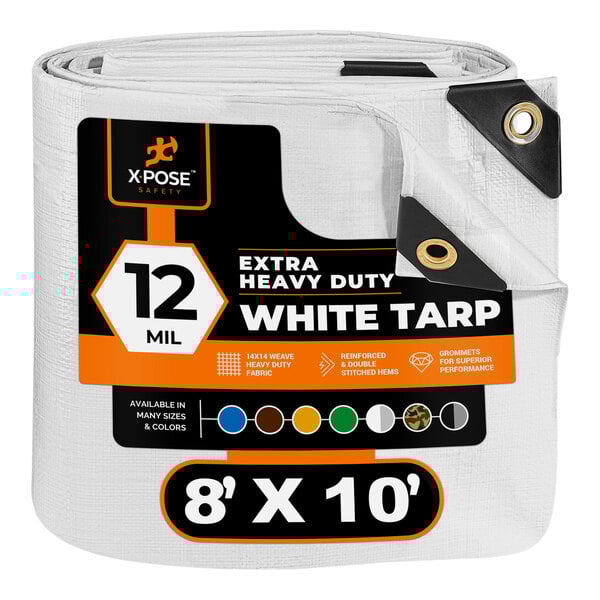 A white Xpose Safety extra heavy-duty weatherproof tarp with black and orange labels.
