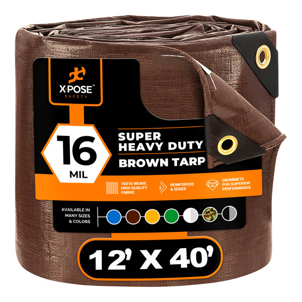 A Xpose Safety brown super heavy-duty polyethylene tarp in plastic packaging.