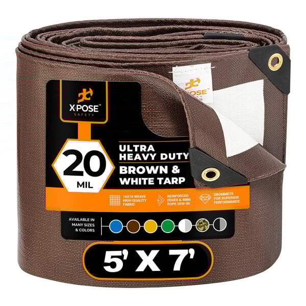 A brown and white roll of Xpose Safety ultra heavy-duty tarp.