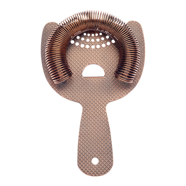 An antique copper Barfly Diamond Lattice Hawthorne Strainer with a metal spring and wire around it.