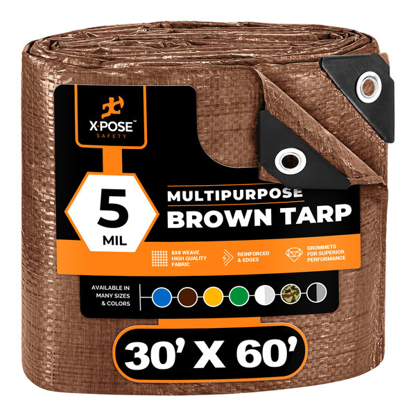 A brown Xpose Safety tarp with black and white text.