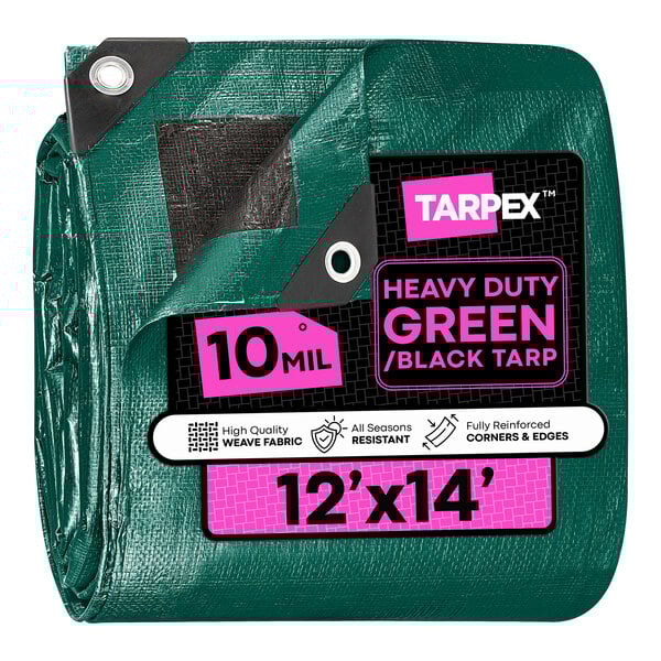 A heavy-duty green and black polyethylene tarp measuring 12 feet by 14 feet and 10 mil thick.