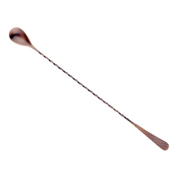 A Barfly antique copper Japanese style bar spoon with a long handle and a metal lattice whip.