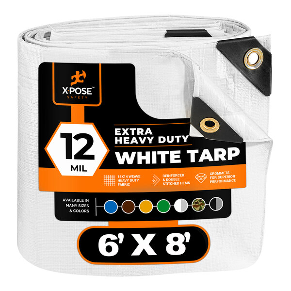 A white Xpose Safety heavy-duty polyethylene tarp with black and orange labels.