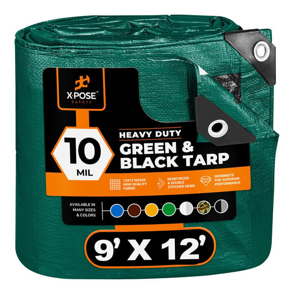 A green Xpose Safety heavy-duty weatherproof tarp with black and white labels.