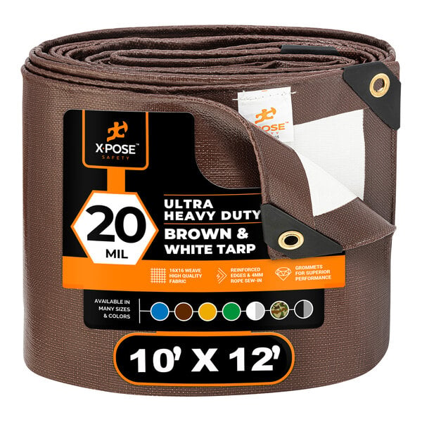 A brown plastic roll of Xpose Safety ultra heavy-duty tarp with white lettering.