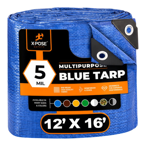 A blue Xpose Safety weather-resistant polyethylene tarp with black and white labels.