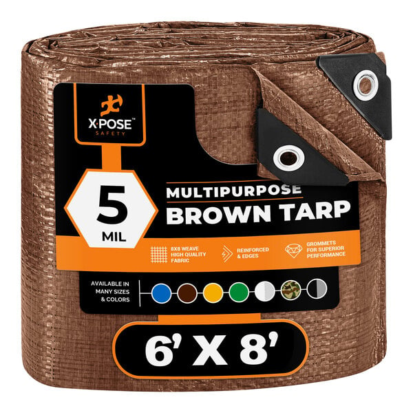 A brown Xpose Safety weather-resistant polyethylene tarp in plastic packaging with black and white text.