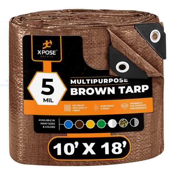 A brown roll of Xpose Safety brown weather-resistant polyethylene tarp.