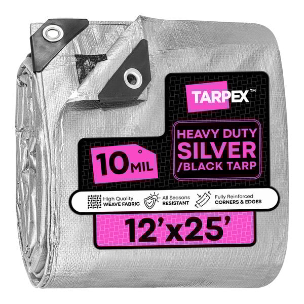 A heavy-duty silver and black polyethylene tarp measuring 12 feet by 25 feet.