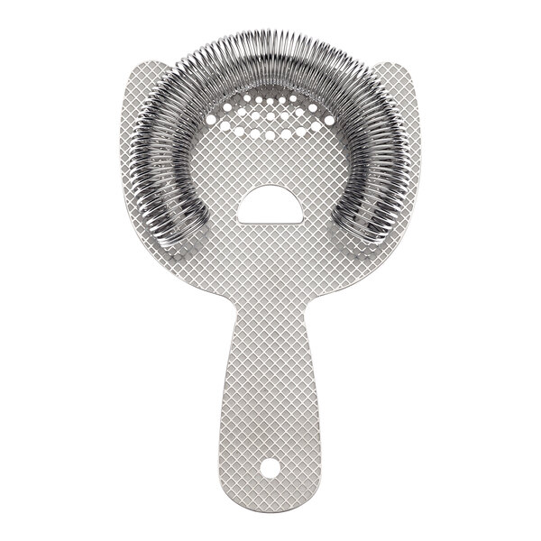 A Barfly stainless steel hawthorne strainer with a diamond lattice design.