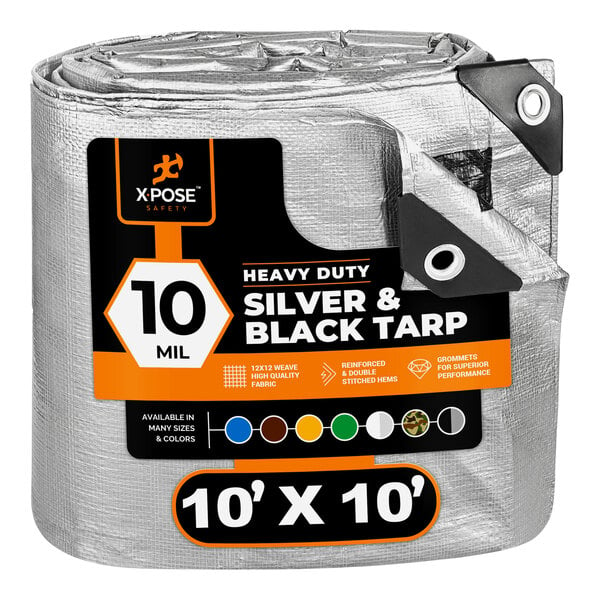 A roll of Xpose Safety silver and black heavy-duty polyethylene tarp.