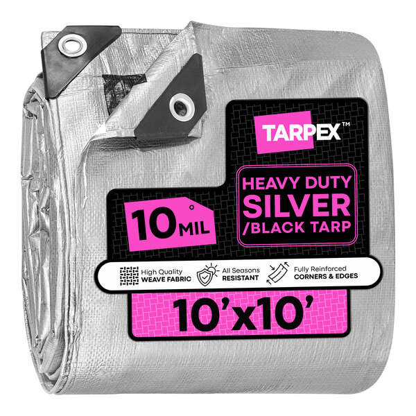 A heavy-duty silver and black polyethylene tarp measuring 10 feet by 10 feet, labeled as weatherproof and 10 mil thick.