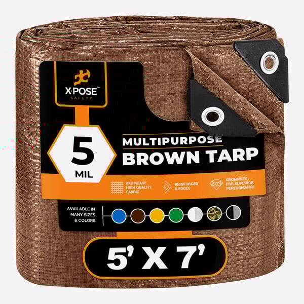 A brown Xpose Safety 5' x 7' multipurpose polyethylene tarp in plastic packaging with black and white text.