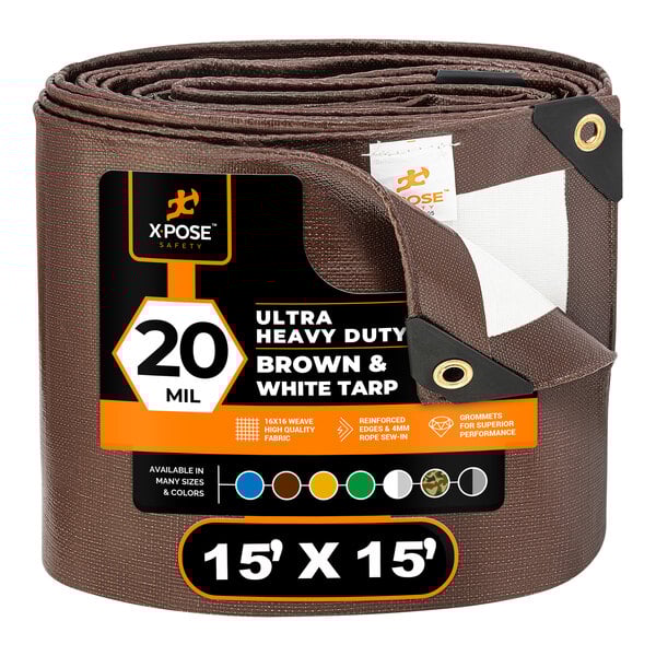 A brown roll of Xpose Safety Ultra Heavy-Duty Multipurpose Polyethylene Tarp with white and brown plastic wrapping.