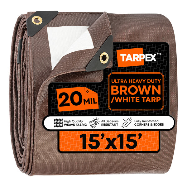 A 15-foot by 15-foot ultra heavy-duty brown and white polyethylene tarp from Tarpex, 20 mil thick and weatherproof.