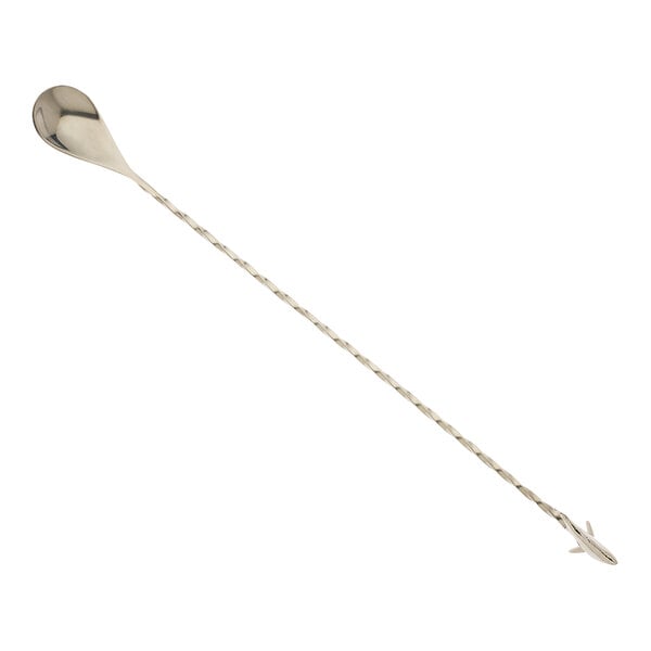 A Barfly stainless steel bar spoon with a long handle and a shark-shaped end.