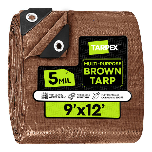 A brown 9-foot by 12-foot weather-resistant multipurpose polyethylene tarp with reinforced corners and edges.