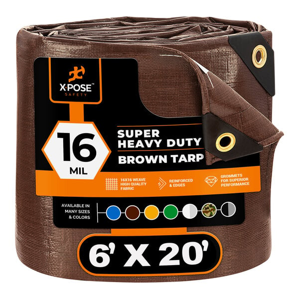 A brown Xpose Safety super heavy-duty polyethylene tarp with black and white label wrapped in plastic.