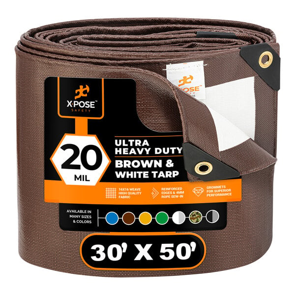 A brown plastic roll of Xpose Safety heavy-duty tarp with white lettering.