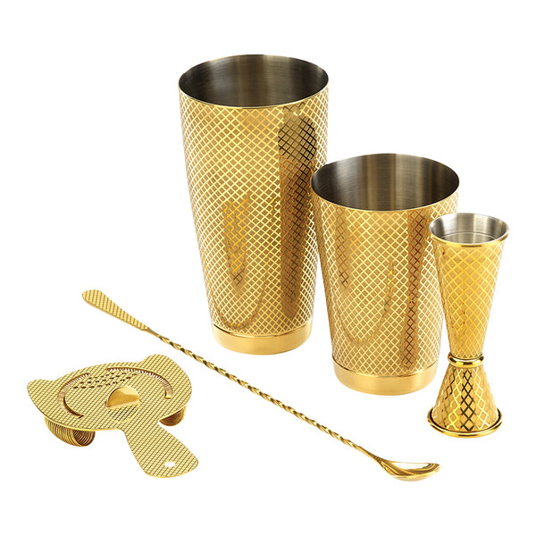 A gold Barfly 5-piece cocktail kit with a diamond lattice design.