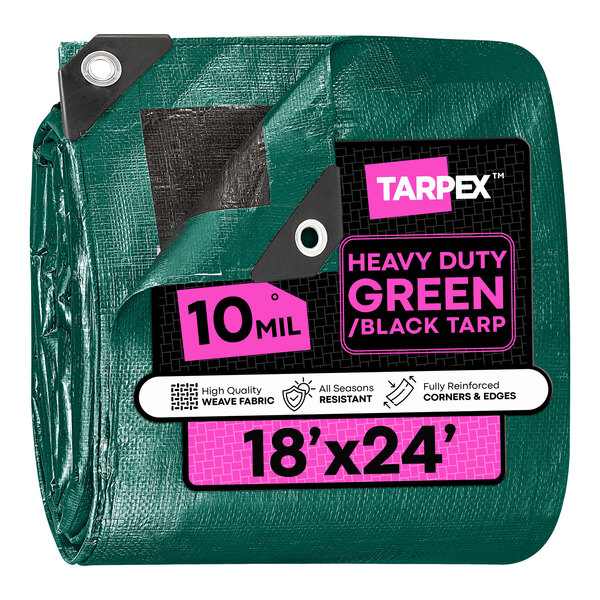 A heavy-duty green and black polyethylene tarp measuring 18 by 24 feet.