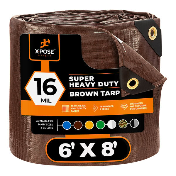 A brown Xpose Safety super heavy-duty weatherproof tarp wrapped in plastic.