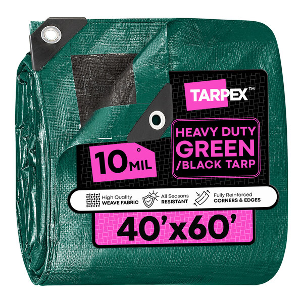 A heavy-duty green and black polyethylene tarp measuring 40 feet by 60 feet.
