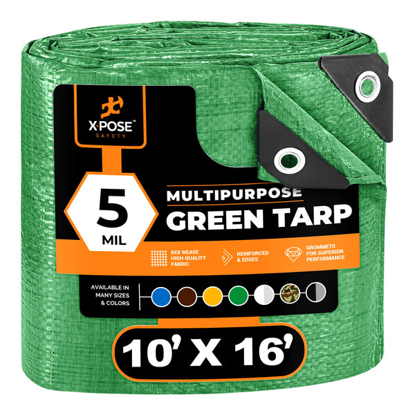 A rolled up green Xpose Safety multipurpose tarp with black and white text on the label.