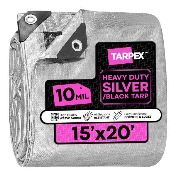 A heavy-duty silver and black polyethylene tarp measuring 15 feet by 20 feet.