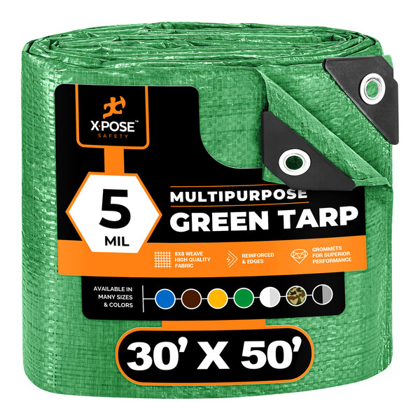 A green Xpose Safety weather-resistant polyethylene tarp with black and white text.