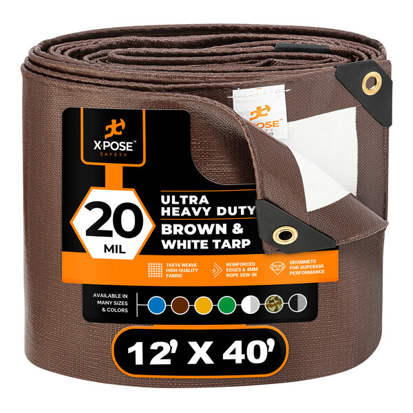 A roll of brown and white Xpose Safety ultra heavy-duty polyethylene tarp.